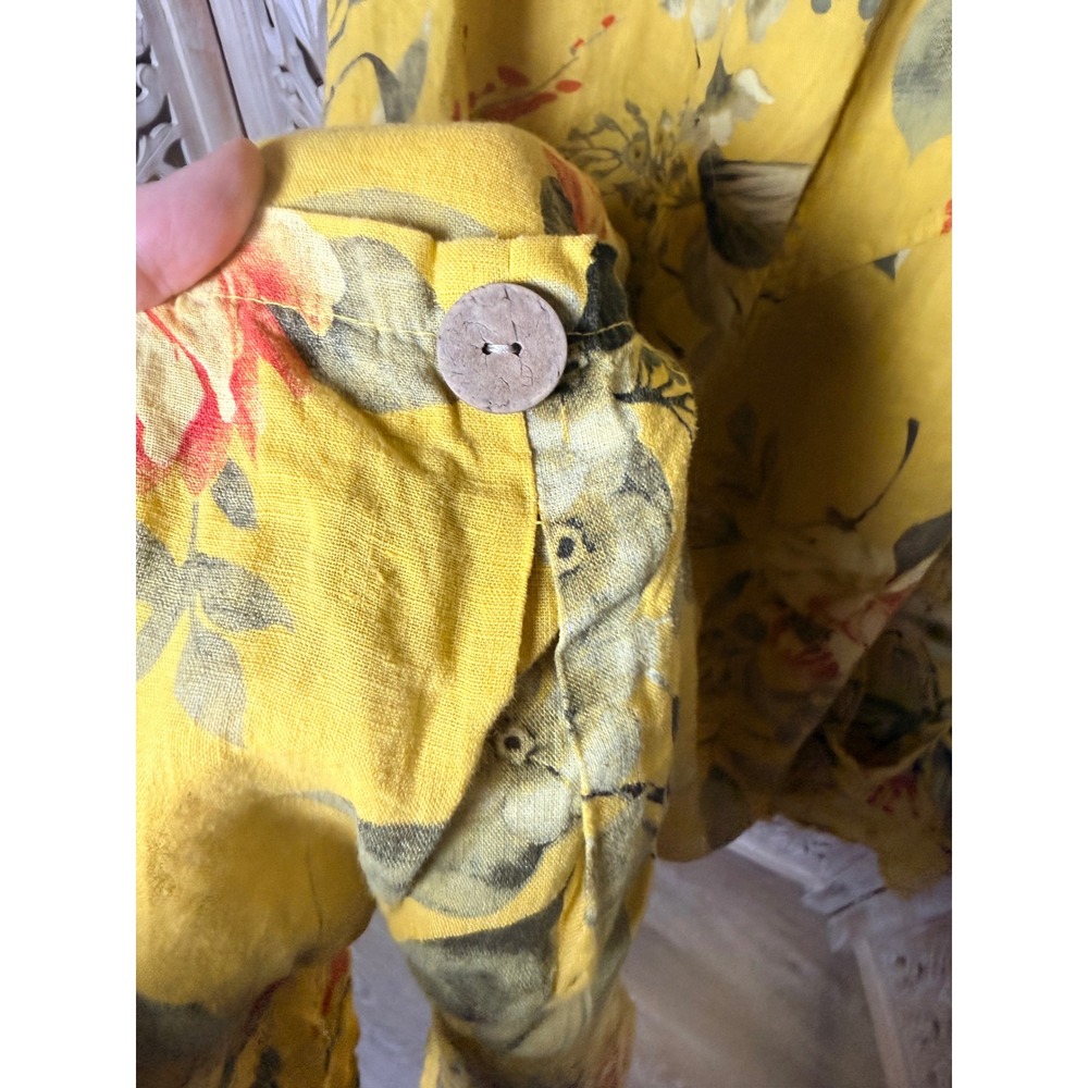 Yellow Floral Linen Maxi Dress V-Neck Sleeveless Boho Pockets Lagenlook 0449 - Picture 4 of 6